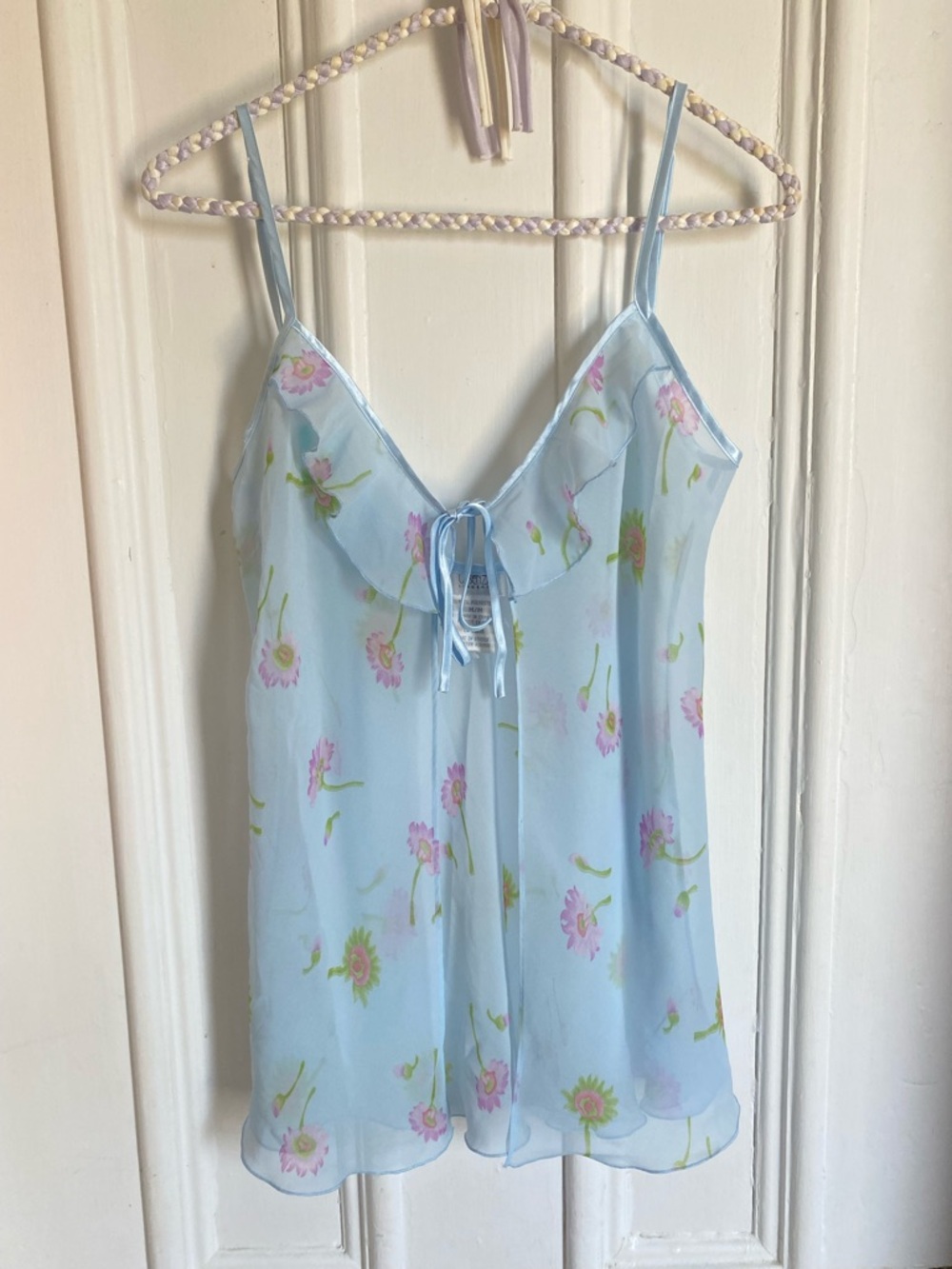 Y2k Vintage Sheer Light Blue Floral Open Front Slip Top with Tie Bow Detail